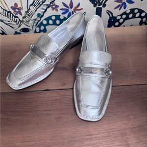 Tory Burch Silver Metallic Leather Loafers